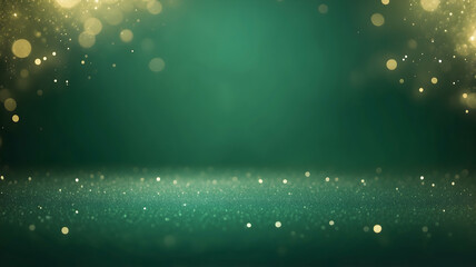 Emerald green backdrop with golden glitter and bokeh for a festive mood.