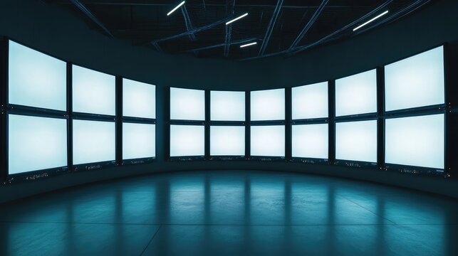 Futuristic technology room with a circular arrangement of large outdated computer monitors displaying empty blue screens in a dimly lit environment