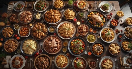 Fototapeta premium A large feast spread out on a table with plenty of delicious food, feast, happy, celebration