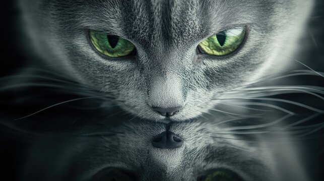 Russian blue cat with striking green eyes and silver gray fur gazing at camera against isolated background with reflective surface