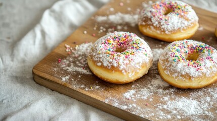 Freshly made homemade doughnuts adorned with vibrant sprinkles and powdered sugar on a rustic wooden cutting board with soft white linen backdrop.