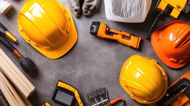 Construction tools and safety equipment arranged on a gray surface for building and repair