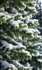 Close-up of Christmas tree branches covered in snow, snowflakes, Close-up