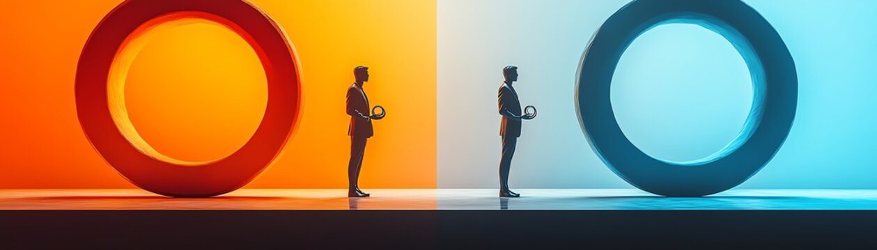 Two statuesque figures holding orange and blue circular rings in a minimal composition, modern design, sleek simplicity, ultrarealistic 8K render