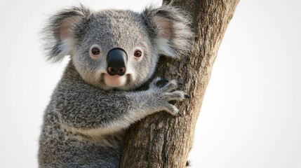 Obraz premium Close-up portrait of a Koala clinging to a tree trunk on a white background