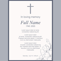 Card template with illustration of grey flowers and cross