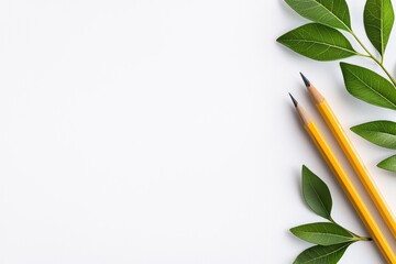 Creative workspace with leaves and pencils on a blank canvas for art and design.