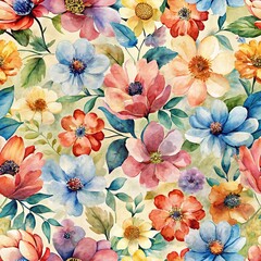 A vibrant watercolor floral pattern featuring a variety of colorful flowers and lush green leaves on a soft background.