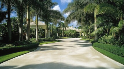 Elegant luxury mansion driveway framed by lush green palm trees under a bright blue sky creating a tropical paradise atmosphere