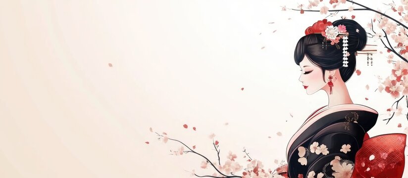 Elegant Japanese courtesan in traditional porcelain kimono adorned with blossoms on soft beige backdrop with ample copy space for text