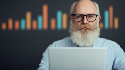 Senior Businessman Analyzing Data: A focused senior businessman with a distinguished long white beard and glasses sits before a laptop.
