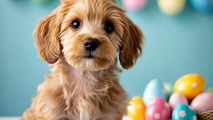 Adorable puppy with vibrant Easter eggs symbolizes joy, springtime, and festive holiday celebrations