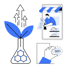 Flask with leaves and arrows represents eco-growth online shopping with a person holding a bag signifies e-commerce hand holding DEFI button implies decentralized finance. Ideal for innovation