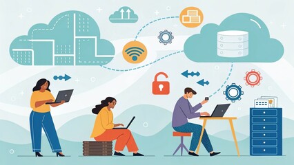 Three people engage with technology, illustrating cloud computing, data security, and connectivity in a modern digital workspace.