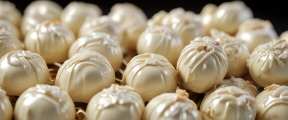 Close-up of white chocolate pralines in shiny metallic wrapping, gourmet, confections, white chocolate, shiny