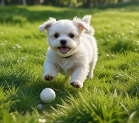 A Maltese puppy chasing after a ball in a green meadow, maltese puppy running, outdoorsy scene