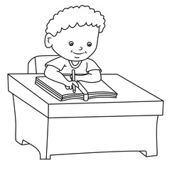 Cute cartoon hand drawn vector Little boy writing coloring page.