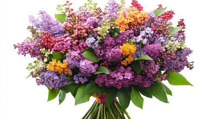 Fototapeta premium Vibrant bouquet of multicolored lilac and assorted spring flowers arranged with lush green leaves on a white background