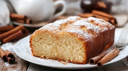 Freshly baked homemade cinnamon cake loaf with powdered sugar on a white plate, surrounded by cinnamon sticks, rustic wooden background, ideal for tea time.