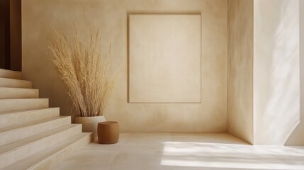 Neutral Minimalist Living Room Interior with Soft Beige Walls, Natural Textures, Dried Plants, and Clean Lines Illuminated by Natural Light 4K HD
