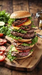 A mouthwatering beef tenderloin burger with crisp lettuce and creamy cheese on a rustic wooden board, juicy patty, food, wood board