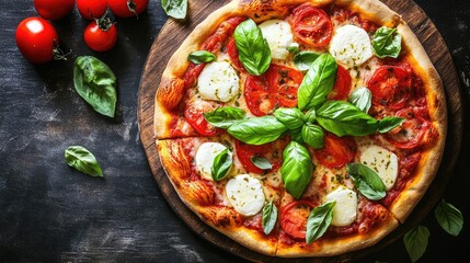 Freshly baked homemade pizza with vibrant red tomatoes fresh mozzarella and green basil on a wooden serving board against a dark background.
