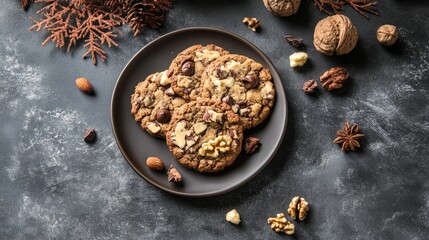 Fototapeta premium Freshly Baked Nutty Cocoa Cookies Artfully Arranged on a Dark Plate Surrounded by Autumn Leaves and Nuts Against a Textured Gray Background