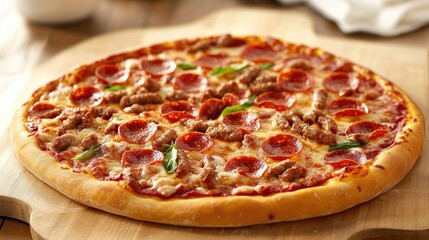 Freshly Baked Fireball Pizza Featuring Golden Crust Topped with Savory Pepperoni and Sausage Garnished with Green Basil on Wooden Surface