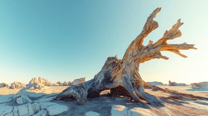 Fototapeta premium Weathered dead tree in arid desert landscape beneath vibrant clear blue sky showcasing rugged textures and earthy tones in expansive scenery