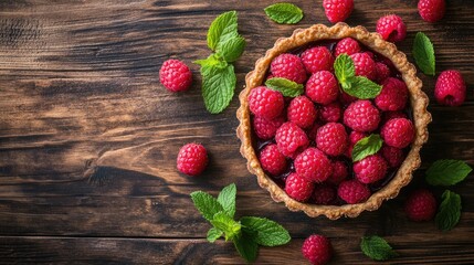 Homemade raspberry tart filled with fresh red raspberries and mint leaves in a golden-brown pastry shell on a rustic wooden table