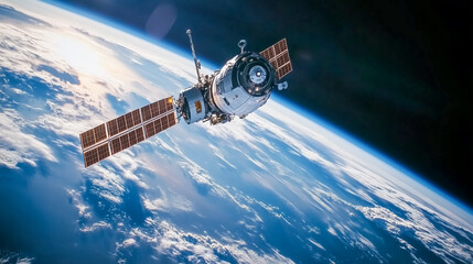 A satellite orbits Earth, showcasing humanity's reach beyond our planet and into the vast cosmos.