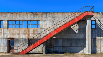 Industrial concrete architecture featuring weathered buildings and a striking red staircase against a vibrant blue sky.