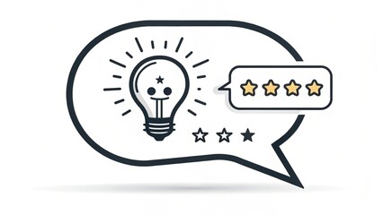 A light bulb icon surrounded by stars in a speech bubble, symbolizing ideas, creativity, and reviews.
