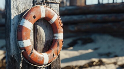 Lifebuoy secured to wooden post by the beach symbolizing safety and rescue at seaside locations