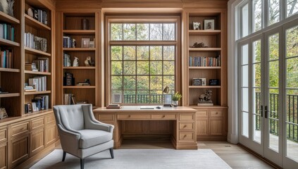 Serene Home Office with Wooden Bookcases and Window View