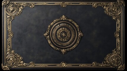Ornate Gold Frame Encircles Dark Panel Featuring Central Emblem