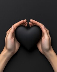 Obraz premium Hands cradling a black heart symbolizing love and compassion.