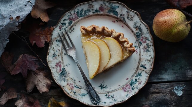 Slice of pear pie on a floral vintage plate with a silver fork, surrounded by autumn leaves and a fresh pear. - Powered by Adobe