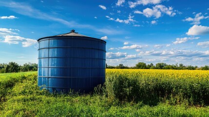 Blue water tank on a farm surrounded by lush green fields and vibrant yellow crops under a bright blue sky with fluffy white clouds