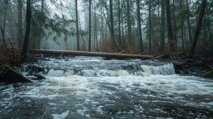 Raging water flow over submerged logs in a misty forest setting with tall evergreen trees, captured from a low angle.