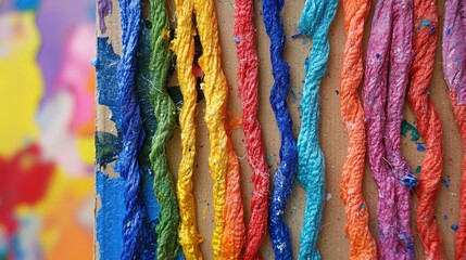Colorful Yarn Strands in Bright Rainbow Colors on Cardboard Base for Kids Art Project with Glue and Mixed Media Craft Supplies