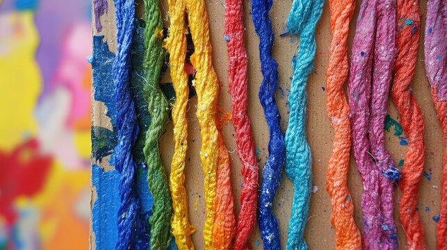 Colorful Yarn Strands in Bright Rainbow Colors on Cardboard Base for Kids Art Project with Glue and Mixed Media Craft Supplies