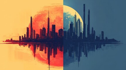 Fototapeta premium Progress in flat design side view futuristic city theme water color split-complementary color scheme 