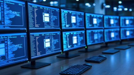 Data protection law and firewall, A row of multiple computer monitors displaying code, illuminated in blue. The setup suggests a high-tech environment, likely for programming or data analysis.