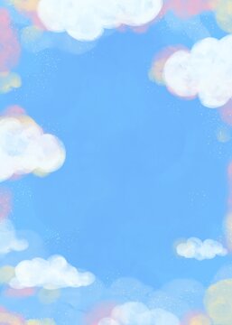 watercolor pastel blue pink color cloud in a sky with glittery stars illustration background wallpaper greeting card template space for text potrait cute