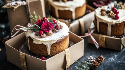 Festive homemade Italian cakes and Christmas cookies in elegant gift boxes decorated with dried roses and mistletoe on a dark background
