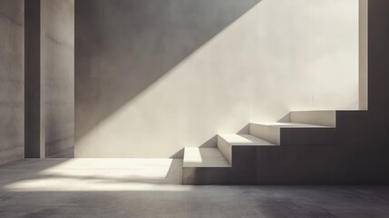 Naklejka premium Minimalist interior with sleek concrete walls, soft natural light casting sharp shadows on elegant staircase, neutral tones, modern architectural design.