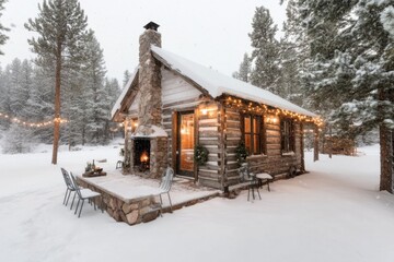 A cozy log cabin nestled in the snowy Wyoming wilderness, with smoke rising from the chimney and tall pines surrounding it