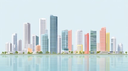 Progress in flat design side view futuristic city theme water color split-complementary color scheme 