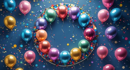 Naklejka premium Colorful glitter balloons and confetti outlining a festive celebratory circle